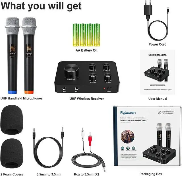 Alt view image 7 of 7 - Portable Karaoke Microphone Mixer System Set, with Dual UHF Wireless Mic, HDMI & AUX in/Out for Karaoke, Home Theater, Amplifier, Speaker