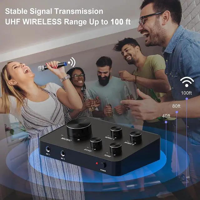 Alt view image 6 of 7 - Portable Karaoke Microphone Mixer System Set, with Dual UHF Wireless Mic, HDMI & AUX in/Out for Karaoke, Home Theater, Amplifier, Speaker