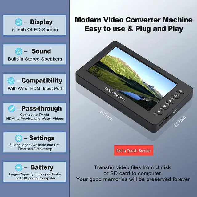 Alt view image 4 of 7 - DIGITNOW HD Video Capture Box 1080P 60FPS USB 2.0 Video to Digital Converter with 5" OLED Screen, AV&HDMI Video Recorder Capture from VCR, DVD, VHS Tapes, Hi8, Camcorders, Gaming Systems