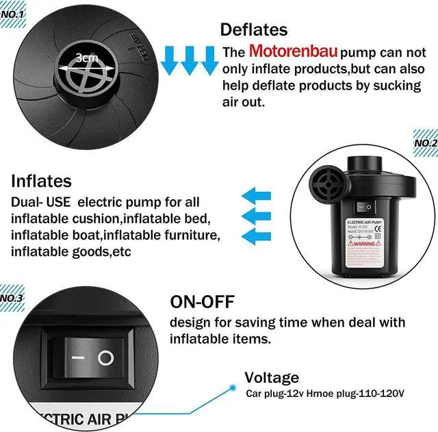 Alt view image 3 of 7 - Electric Air Pump for Inflatables,Portable Quick-Fill Air Pump with 3 Nozzles,110V AC/12V DC,Inflator & Deflator Pumps for Outdoor Camping,Air Mattress Beds,Boats,Inflatable Cushion,Couch,Pool Floats