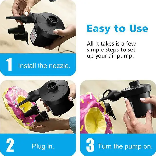 Alt view image 6 of 7 - Electric Air Pump for Inflatables,Portable Quick-Fill Air Pump with 3 Nozzles,110V AC/12V DC,Inflator & Deflator Pumps for Outdoor Camping,Air Mattress Beds,Boats,Inflatable Cushion,Couch,Pool Floats