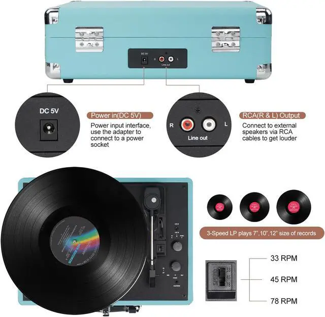 Alt view image 3 of 7 - DIGITNOW Vinyl Record Player Wireless Turntable Bluetooth 3-Speed Portable Vintage Suitcase with Built-in Speakers - Blue