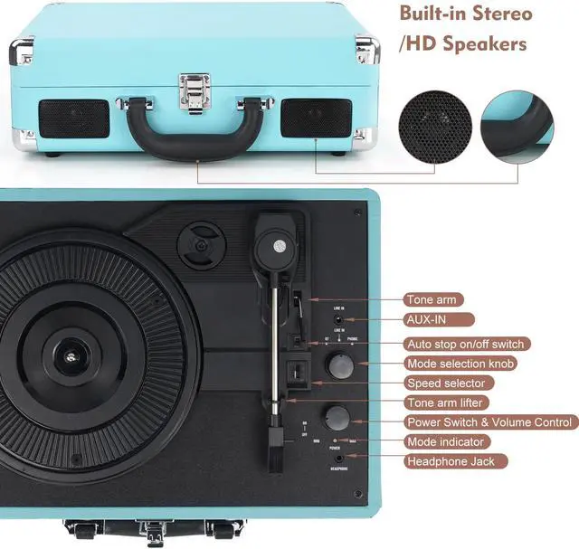 Alt view image 4 of 7 - DIGITNOW Vinyl Record Player Wireless Turntable Bluetooth 3-Speed Portable Vintage Suitcase with Built-in Speakers - Blue