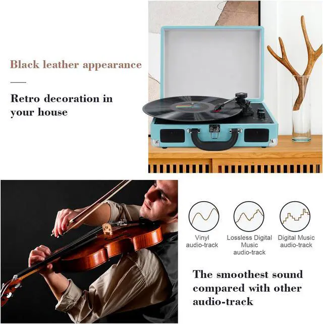 Alt view image 7 of 7 - DIGITNOW Vinyl Record Player Wireless Turntable Bluetooth 3-Speed Portable Vintage Suitcase with Built-in Speakers - Blue