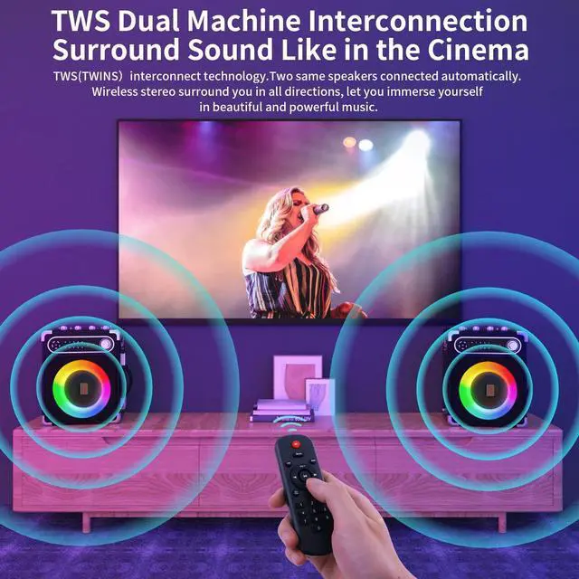 Alt view image 6 of 7 - Karaoke Machine with 2 Wireless Microphones,Portable Bluetooth 5.1 Speaker for Adults Kids,Bass/Treble Adjustment,PA System with Remote Control, Lights, Supports TF Card/USB, AUX in,TWS,FM,REC Party
