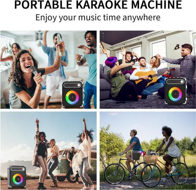 Alt view image 7 of 7 - Karaoke Machine with 2 Wireless Microphones,Portable Bluetooth 5.1 Speaker for Adults Kids,Bass/Treble Adjustment,PA System with Remote Control, Lights, Supports TF Card/USB, AUX in,TWS,FM,REC Party