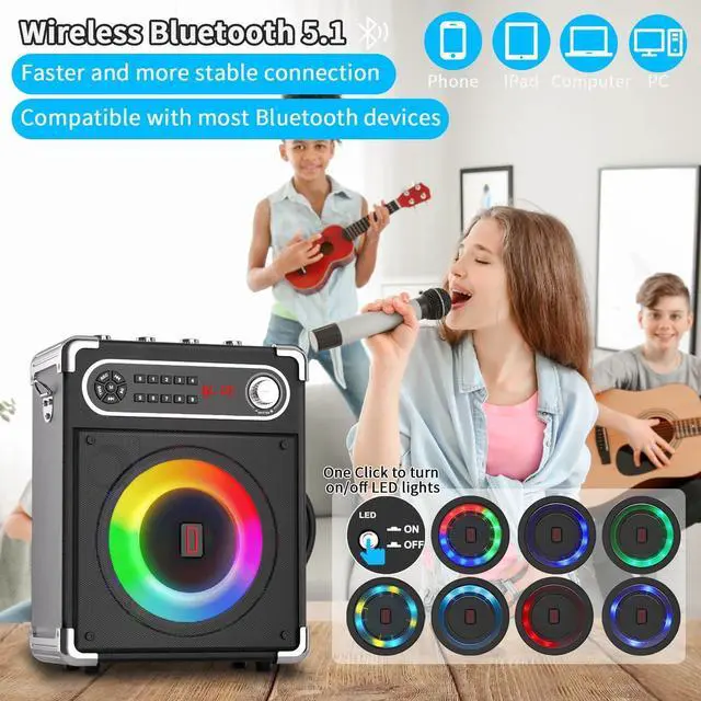Alt view image 5 of 7 - Karaoke Machine with 2 Wireless Microphones,Portable Bluetooth 5.1 Speaker for Adults Kids,Bass/Treble Adjustment,PA System with Remote Control, Lights, Supports TF Card/USB, AUX in,TWS,FM,REC Party
