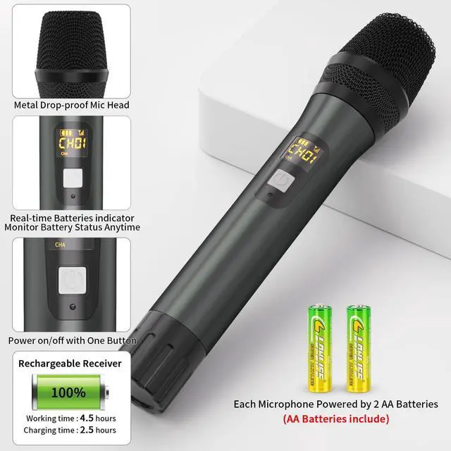 Alt view image 5 of 7 - Wireless Microphones, Metal UHF Dual Handheld Dynamic Mic System,Microfonos Inalambricos with Rechargeable Receiver,160ft Range,for Karaoke, Speech, Wedding, Church, PA System,Singing Machine