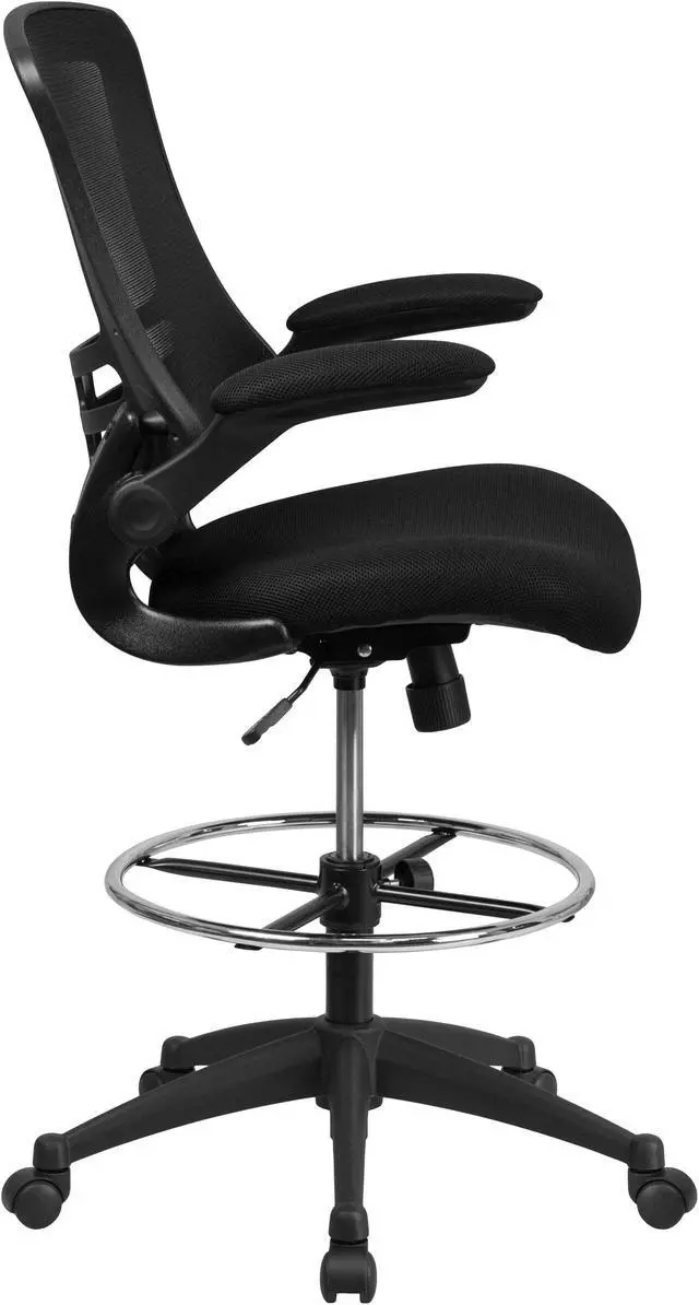 Alt view image 3 of 20 - Mid-Back Black Mesh Ergonomic Drafting Chair with Adjustable Foot Ring and Flip-Up Arms