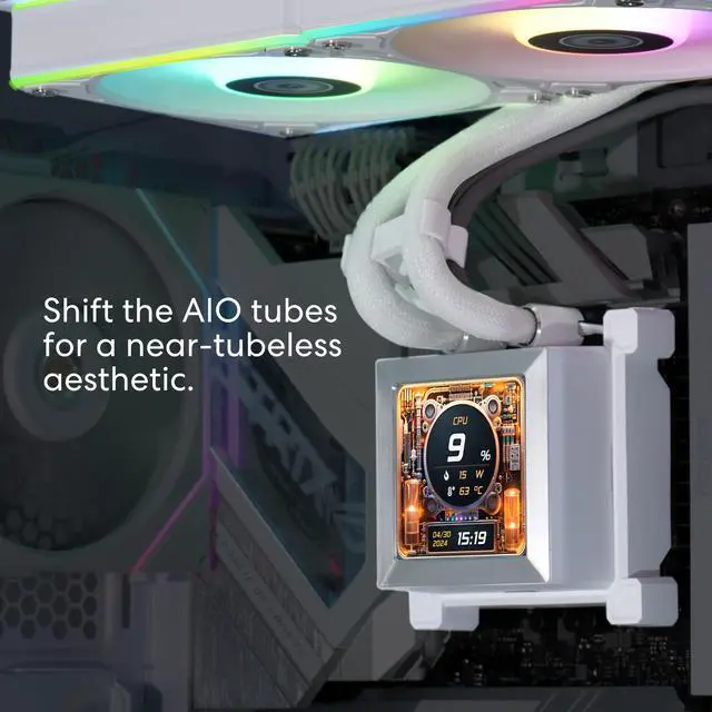 Alt view image 3 of 8 - Lian Li Hydroshift 360 AIO - Pre-installed 3 x ARGB fans - Side-Mounted Coolant Pathway - 2.88” LCD Screen - 480 × 480 Resolution - Captured Screenshots or Recorded Videos Shift AIO - White (HSLCD36RW)