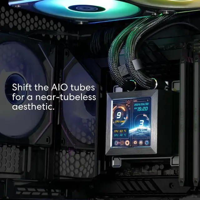 Alt view image 3 of 8 - Lian Li Hydroshift 360 AIO - Pre-installed 3 x ARGB fans - Side-Mounted Coolant Pathway - 2.88” LCD Screen - 480 × 480 Resolution - Captured Screenshots or Recorded Videos Shift AIO - Black (HSLCD36RB)