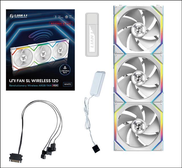 Alt view image 6 of 7 - Lian Li UNI Fan SL - Wireless 120 - Triple Pack (Reverse Blade) ARGB Fan - 2.4 GHz Wireless Controller Included - Customizable Lighting Effects - Controller requesd for use. - White (12RSL1W3W)