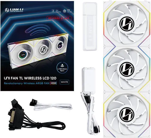 Alt view image 7 of 7 - Lian Li UNI Fan REVERSE BLADE TL LCD 120 Wireless - Seamless Wireless Control Fan w/LCD Screen - LCP Fan Blade - Daisy-Chained Style - Triple Pack with Controller - White (12RTLLCD1W3W)