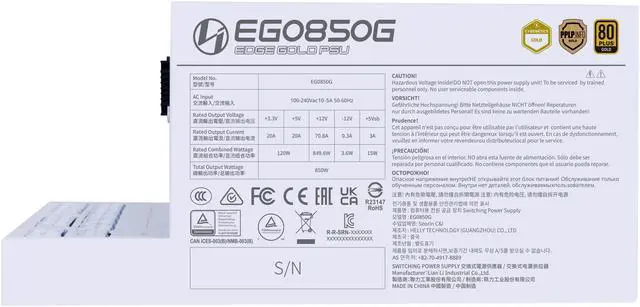 Alt view image 3 of 7 - Lian Li EDGE850W Fully Modular Low-Noise ATX Power Supply - ATX 3.1 & PCIE 5.1 Compliant - Cybenetics Gold Efficiency - 12V-2x6 Cable - L-Shape Design - Without USB/Fan Hub - White (EG0850G.W)