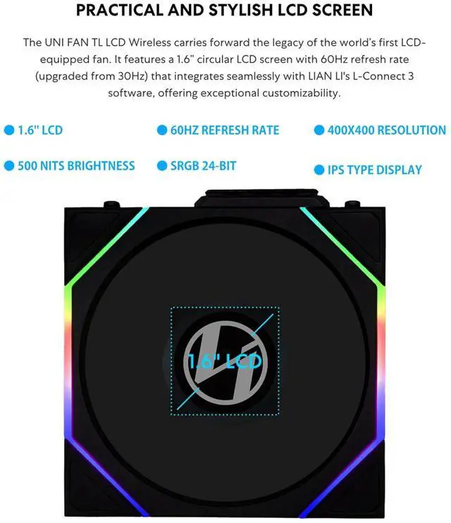 Alt view image 3 of 7 - Lian Li UNI Fan TL - LCD Wireless 140 - Single Pack (Reverse Blade) - 2.4 GHz Wireless  Signal ARGB Fan & Dual-Zone Lighting Control - 140mm - Controller NOT Included & Required -White (14RTLLCD1W1W)