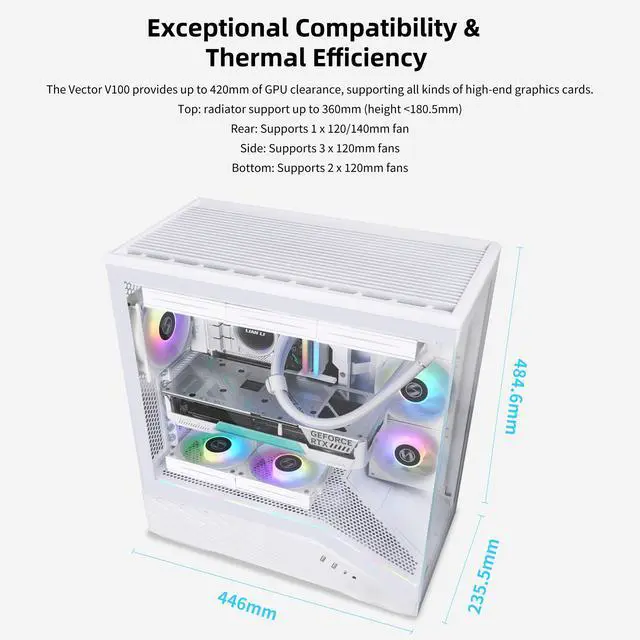 Alt view image 2 of 8 - Lian Li V100 ATX Mid-Tower PC Case, 4 x 120mm ARGB PWM Fans  Pre-Installed, LED RGB Strip, Display Platform with Tempered Glass, Support 420mm GPUs, 360mm Radiator, Optimized Airflow - White (V100RW)