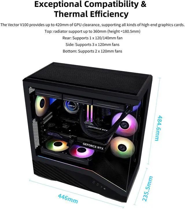 Alt view image 2 of 8 - Lian Li V100 ATX Mid-Tower PC Case, 4 x 120mm ARGB PWM Fans  Pre-Installed, LED RGB Strip, Display Platform with Tempered Glass, Support 420mm GPUs, 360mm Radiator, Optimized Airflow - Black (V100RX)