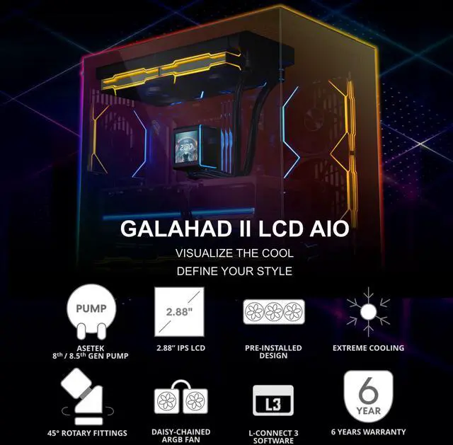Alt view image 3 of 8 - Lian-Li Galahad II LCD TL Liquid CPU Cooler 280mm AIO - 2X 140 RGB TL Wireless Fans - 2.88 IPS LCD Screen - Black (GA2ALCD28TLW)