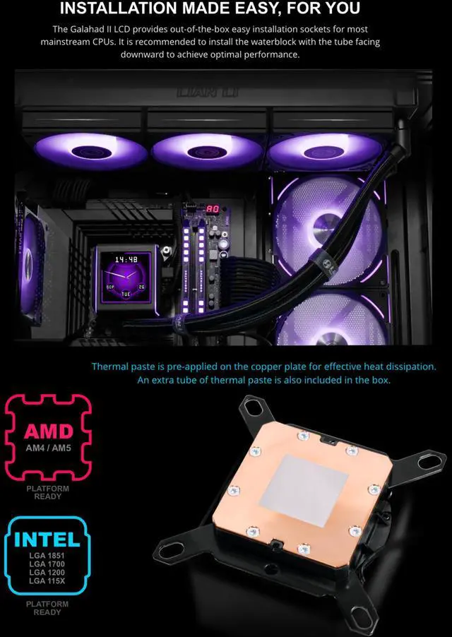 Alt view image 7 of 8 - Lian-Li Galahad II LCD TL Liquid CPU Cooler 280mm AIO - 2X 140 RGB TL Wireless Fans - 2.88 IPS LCD Screen - Black (GA2ALCD28TLW)