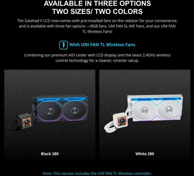 Alt view image 3 of 8 - Lian-Li Galahad II LCD TL Liquid CPU Cooler 280mm AIO - 2X 140 RGB TL Wireless Fans - 2.88 IPS LCD Screen - Black (GA2ALCD28TLB)