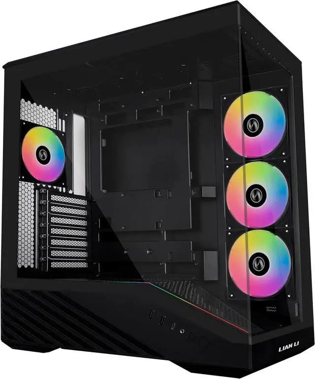 Main image of Lian Li V100 ATX Mid-Tower PC Case, 4 x 120mm ARGB PWM Fans  Pre-Installed, LED RGB Strip, Display Platform with Tempered Glass, Support 420mm GPUs, 360mm Radiator, Optimized Airflow - Black (V100RX)