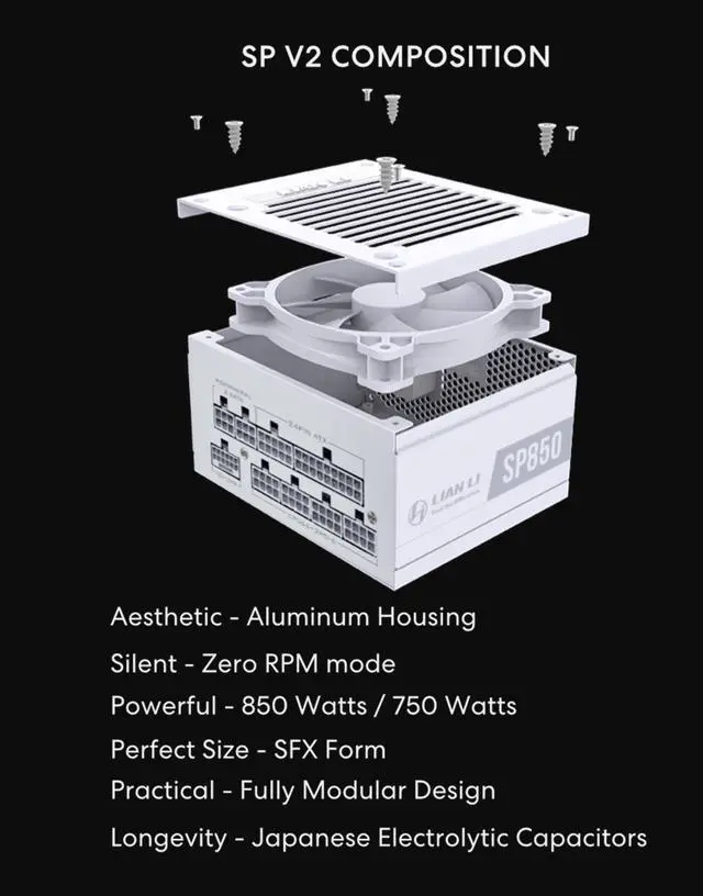 Alt view image 3 of 8 - Lian Li SP850 Gold - 850 Watt SFX Form Factor Power Supply with Native 12V-2x6 Cable - Low Noise - 80 Plus Gold Efficiency - ATX 3.1 & PCIe 5.0 Compliant - 92mm FDB Fan - 10-Year - White (SP850G.W)