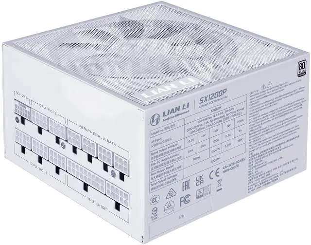 Main image of Lian Li SX 1200W Full Modular SXP Compact ATX Form Factor Power w/ 12V-2x6 Cable - ATX 3.1 & PCIE 5.1 Compliant, Cybenetics Platinum Efficiency -  140MM - 10 Year Warranty - White (SX1200P.W)