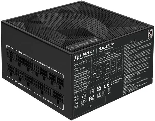 Main image of Lian Li SX 850W Full Modular SXP Compact ATX Form Factor Power Supply w/ 12V-2x6 Cable - ATX 3.1 & PCIE 5.1 Compliant, Cybenetics Platinum Efficiency - 140MM - 10 Year Warranty - Black (SX0850P.B)