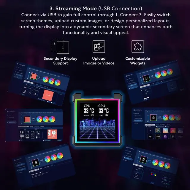 Alt view image 7 of 7 - Lian Li Hydroshift II 360 Liquid CPU Cooler - 3.4" IPS LCD Square Screen - Daisy-Chain - Low-Noise - Intel LGA 1851/1700, AMD AM5/AM4 - Fits Most PC Fans - Black (HS2LCDS36NB)