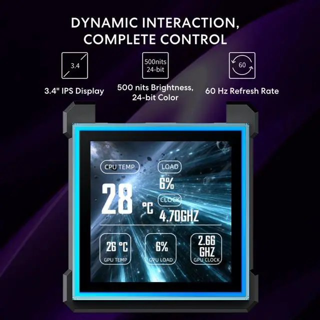 Alt view image 3 of 7 - Lian Li Hydroshift II 360 TL ARGB Liquid CPU Cooler - 360mm AIO - 3.4" IPS LCD Square Screen - Daisy-Chain - Low-Noise - Intel LGA 1851/1700, AMD AM5/AM4 - 3X TL120 ARGB Fans - Black (HS2LCDS36TB)