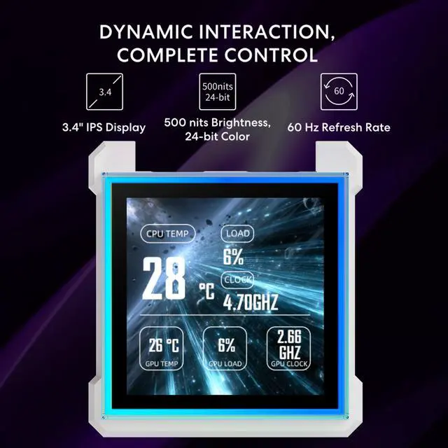 Alt view image 3 of 6 - Lian Li Hydroshift II 360 TL ARGB Liquid CPU Cooler - 360mm AIO - 3.4" IPS LCD Square Screen - Daisy-Chain - Low-Noise - Intel LGA 1851/1700, AMD AM5/AM4 - 3X TL120 ARGB Fans - White (HS2LCDS36TW)