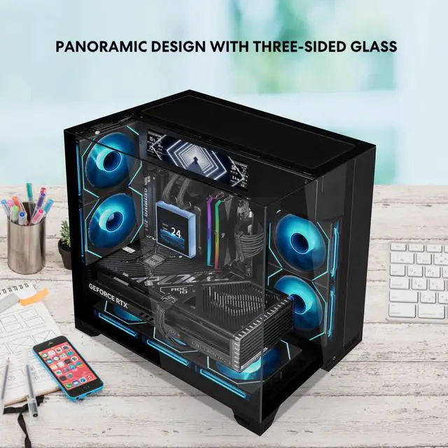 Alt view image 4 of 7 - Lian Li O11 Vision-M Digital - mATX Mid Tower PC Case with 9.2" LCD Screen & 140mm Fan - Hidden AIO Design - Triple Tempered Glass Panels - Up to 360mm AIO Support - Black (O11VMDX)