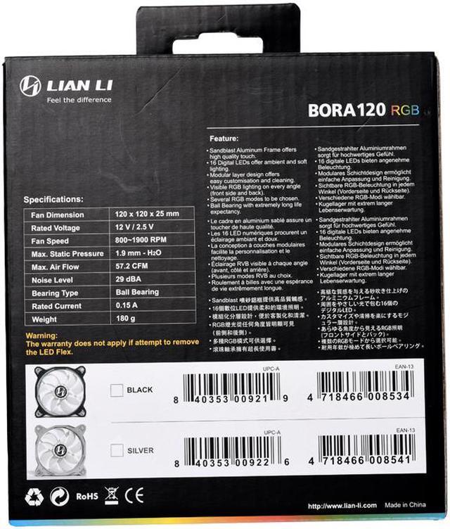 Alt view image 2 of 6 - Lian Li  Bora Series, 120 RGB LED, 120mm High Performance Individually Addressable RGB LED PWM Case Fan ----------BORA120-3  B (3-pack)   1 year warranty