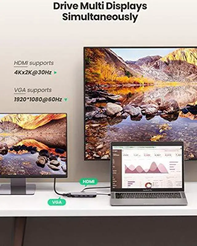 Alt view image 4 of 7 - UGREEN USB C Hub 9 in 1 USB Type C HDMI Multiport Adapter Dock with 4K HDMI, VGA, Gigabit Ethernet, PD Charging, 3 USB 3.0 Ports, SD Card Reader Compatible for MacBook Pro Air 2020 2019 2018, Dell XPS