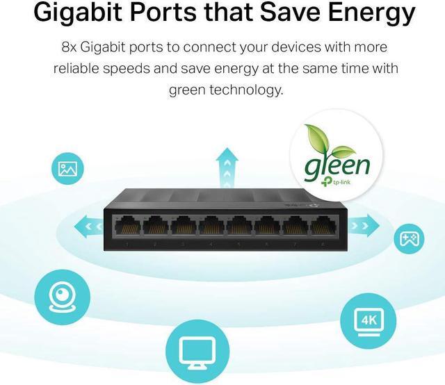 Alt view image 8 of 20 - TP-Link Litewave 8 Port Gigabit Ethernet Switch | Desktop Ethernet Splitter | Plastic Case | Unshielded Network Switch | Plug & Play | Fanless Quiet | Unmanaged (LS1008G)