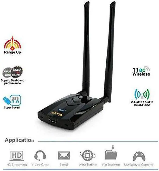 Alt view image 7 of 11 - alfa longrange dualband ac1200 wireless usb 3.0 wifi adapter w/2x 5dbi external antennas  2.4ghz 300mbps/5ghz 867mbps  802.11ac & a, b, g, n