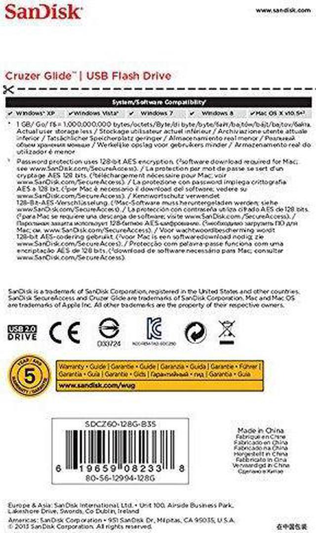 Alt view image 5 of 7 - SanDisk Cruzer Glide CZ60 128GB USB 2.0 Flash Drive- SDCZ60-128G-B35