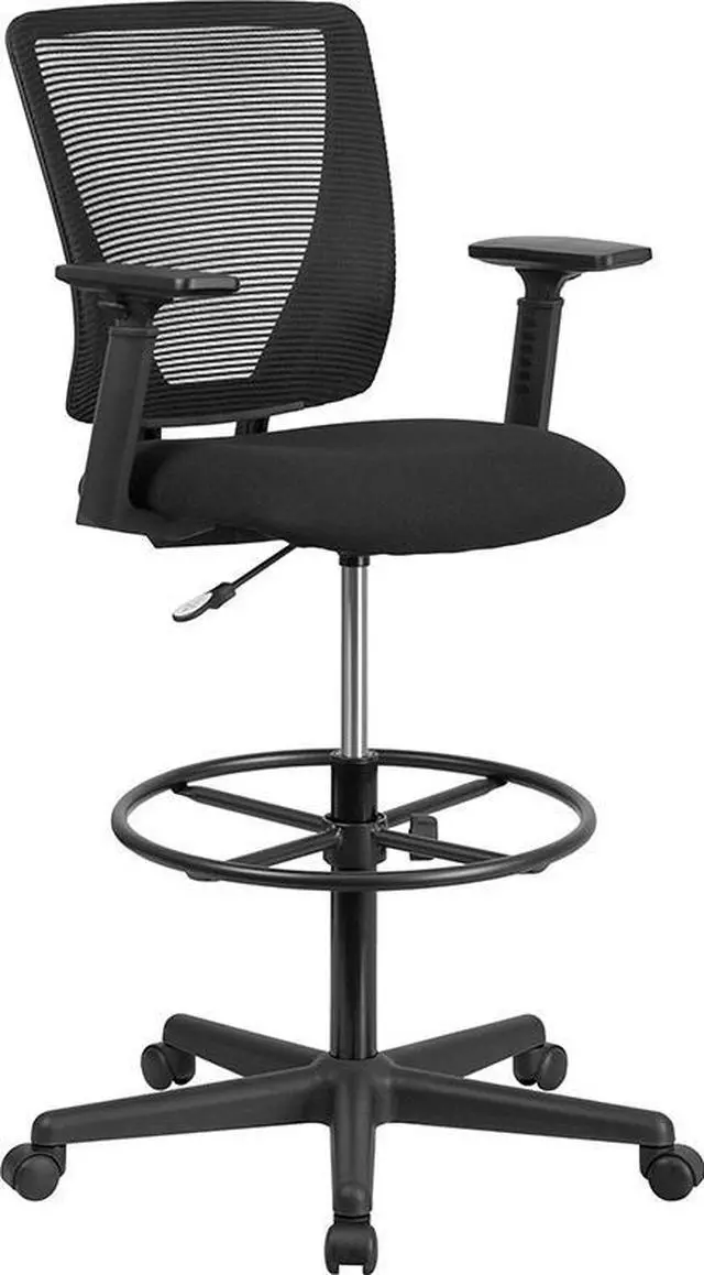 Alt view image 6 of 20 - Ergonomic Mid-Back Mesh Drafting Chair with Black Fabric Seat, Adjustable Foot Ring and Adjustable Arms