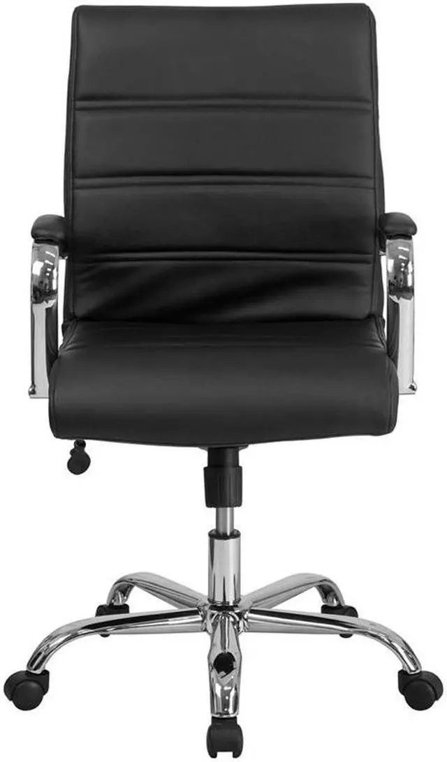 Alt view image 13 of 20 - Mid-Back Black Leather Executive Swivel Chair with Chrome Base and Arms