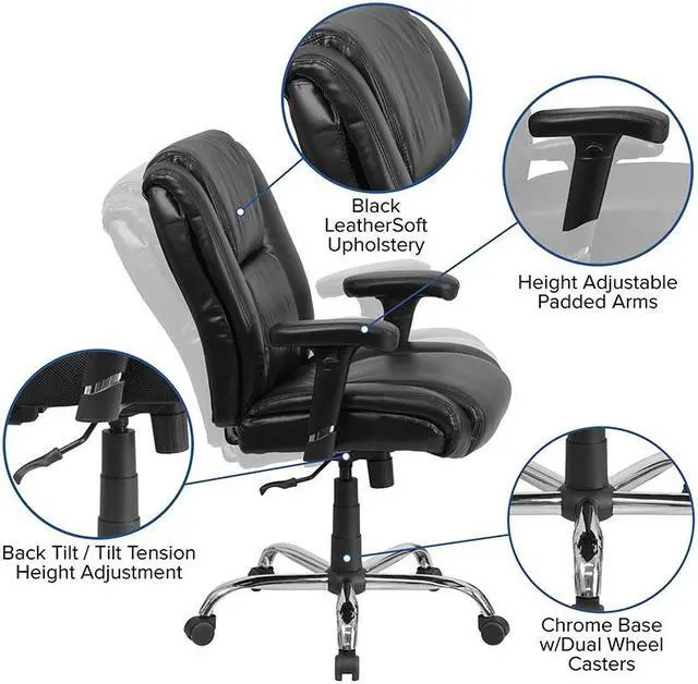 Alt view image 11 of 20 - HERCULES Series Big & Tall 400 lb. Rated Black LeatherSoft Ergonomic Task Office Chair with Chrome Base and Adjustable Arms