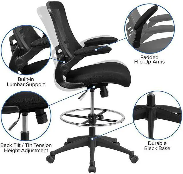 Alt view image 12 of 20 - Mid-Back Black Mesh Ergonomic Drafting Chair with Adjustable Foot Ring and Flip-Up Arms