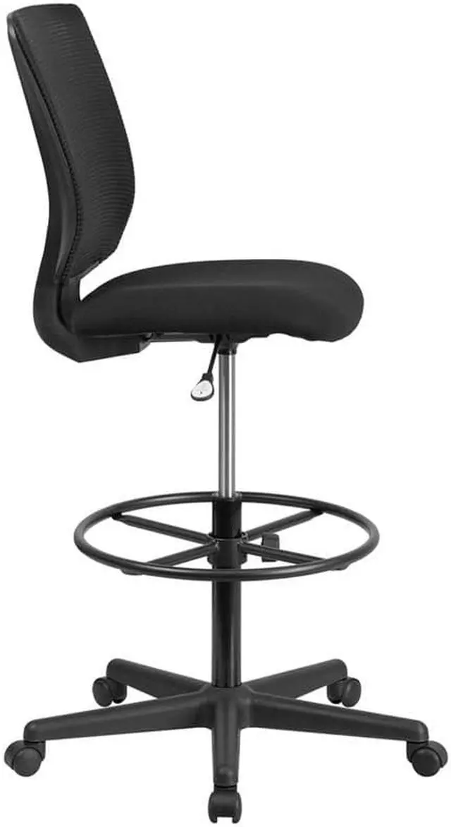 Alt view image 6 of 20 - Ergonomic Mid-Back Mesh Drafting Chair with Black Fabric Seat and Adjustable Foot Ring