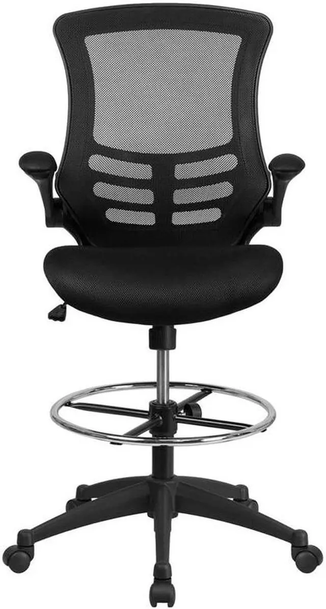 Alt view image 11 of 20 - Mid-Back Black Mesh Ergonomic Drafting Chair with Adjustable Foot Ring and Flip-Up Arms