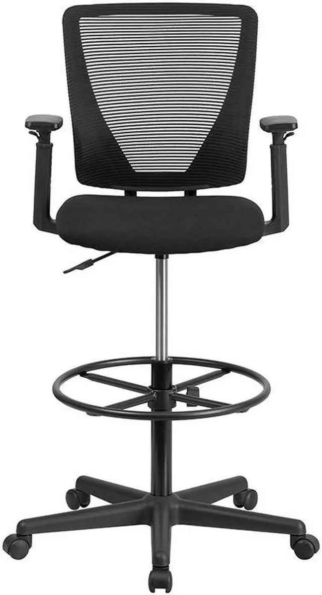 Alt view image 9 of 20 - Ergonomic Mid-Back Mesh Drafting Chair with Black Fabric Seat, Adjustable Foot Ring and Adjustable Arms