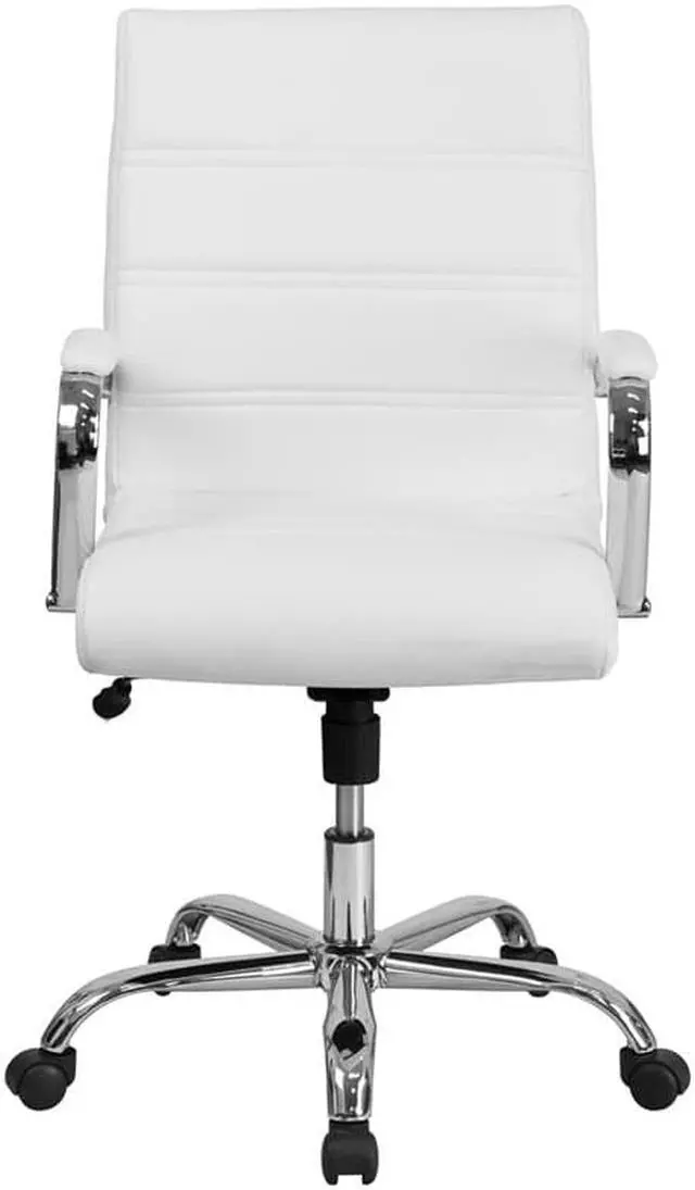 Alt view image 8 of 20 - Mid-Back White LeatherSoft Executive Swivel Office Chair with Chrome Base and Arms