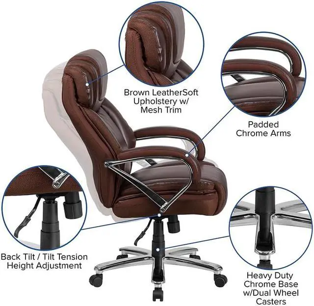 Alt view image 13 of 20 - Flash Furniture Hercules Series 500 lb Brown Leather Executive Swivel Office Chair with Extra Wide Seat