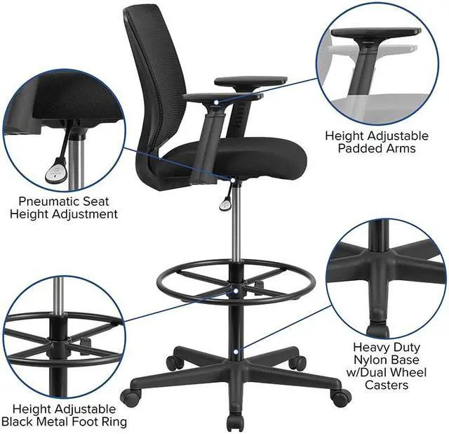 Alt view image 10 of 20 - Ergonomic Mid-Back Mesh Drafting Chair with Black Fabric Seat, Adjustable Foot Ring and Adjustable Arms