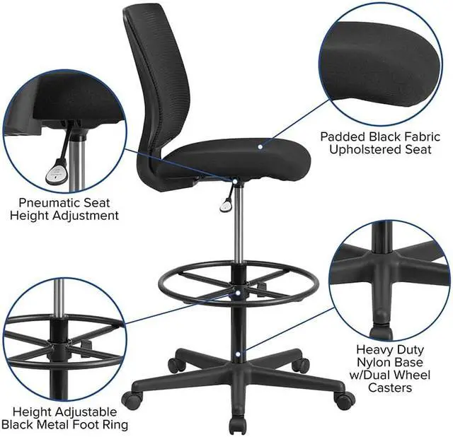 Alt view image 9 of 20 - Ergonomic Mid-Back Mesh Drafting Chair with Black Fabric Seat and Adjustable Foot Ring
