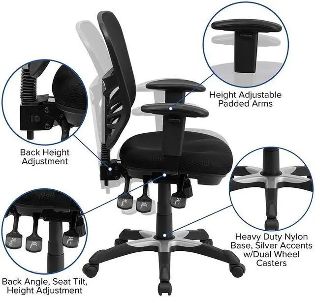 Alt view image 17 of 20 - Mid-Back Black Mesh Multifunction Executive Swivel Ergonomic Office Chair with Adjustable Arms