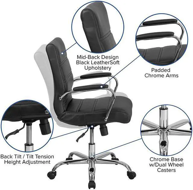 Alt view image 14 of 20 - Mid-Back Black Leather Executive Swivel Chair with Chrome Base and Arms